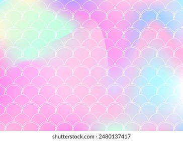 Holographic mermaid background with gradient scales. Bright color transitions. Fish tail banner and invitation. Underwater and sea pattern for girlie party. Colorful back with holographic mermaid.