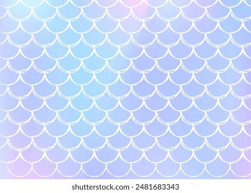 Holographic mermaid background with gradient scales. Bright color transitions. Fish tail banner and invitation. Underwater and sea pattern for girlie party. Neon back with holographic mermaid.