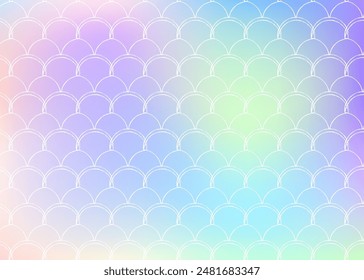 Holographic mermaid background with gradient scales. Bright color transitions. Fish tail banner and invitation. Underwater and sea pattern for girlie party. Rainbow back with holographic mermaid.