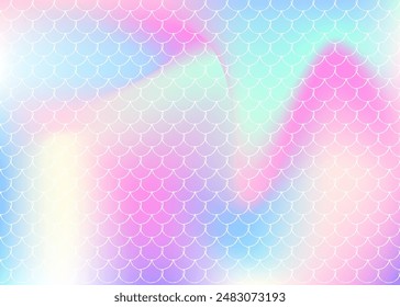 Holographic mermaid background with gradient scales. Bright color transitions. Fish tail banner and invitation. Underwater and sea pattern for girlie party. Neon back with holographic mermaid.
