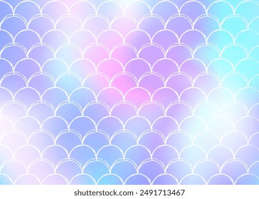 Holographic mermaid background with gradient scales. Bright color transitions. Fish tail banner and invitation. Underwater and sea pattern for girlie party. Iridescent back with holographic mermaid.