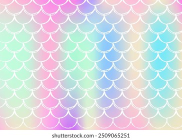 Holographic mermaid background with gradient scales. Bright color transitions. Fish tail banner and invitation. Underwater and sea pattern for girlie party. Creative back with holographic mermaid.