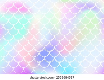 Holographic mermaid background with gradient scales. Bright color transitions. Fish tail banner and invitation. Underwater and sea pattern for girlie party. Plastic back with holographic mermaid.