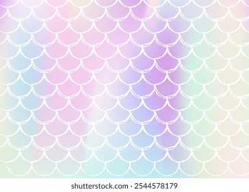 Holographic mermaid background with gradient scales. Bright color transitions. Fish tail banner and invitation. Underwater and sea pattern for girlie party. Iridescent back with holographic mermaid.