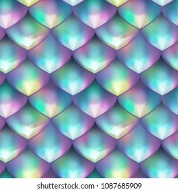 Holographic mermaid tail card or background. Mesh Gradient scales seamless pattern for party. Mermaid wallpaper decor element. Fish skin magic background. 