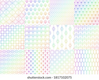 Holographic, metal rainbow seamless pattern set. Colorful shiny foil with gradient. Luminous design with abstract figures and shapes background for invitation card, texture vector illustration