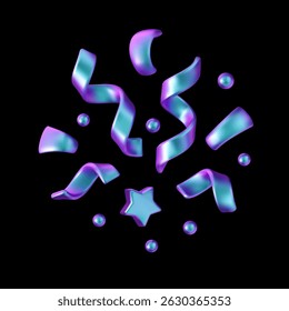 Holographic metallic vector 3d confetti set. Iridescent gradient abstract shapes, shining hologram emoji. Celebration carnival illustration isolated on black background