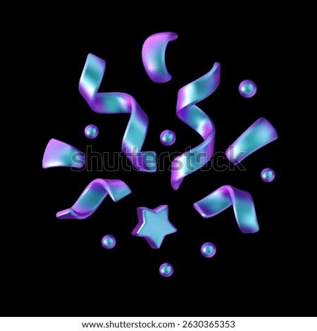 Holographic metallic vector 3d confetti set. Iridescent gradient abstract shapes, shining hologram emoji. Celebration carnival illustration isolated on black background