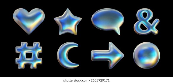 Conjunto de iconos 3D de Vector metálico holográfico. Elementos de cromo Abstractas aislados. Colección de forma de brillo líquido