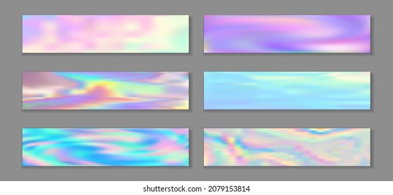 Holographic minimal banner horizontal fluid gradient mermaid backgrounds vector set. Pearlecent holographic texture gradients. Fluid liquid effect minimal mermaid backgrounds.