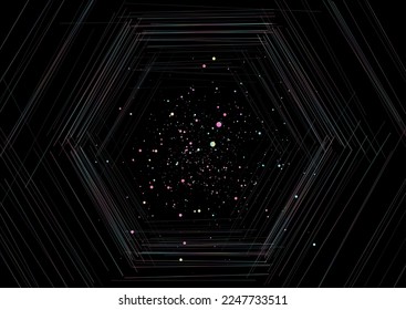 Holographic minimal hexagons and small particles abstract background. Vector design