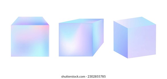 Holographic modern 3d cube isolated on white background. Trendy pastel tint. Soft vivid colours. Vector.