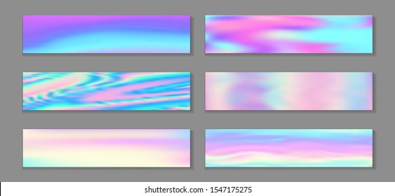 Holographic modern banner horizontal fluid gradient unicorn backgrounds vector set. Beautiful holographic texture gradients. Fluid graphic design fashionable unicorn backgrounds.