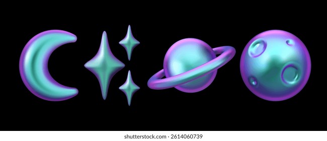Holographic moon and stars vector 3d icon. Abstract metallic iridescent night sky planets. Y2k gradient design element