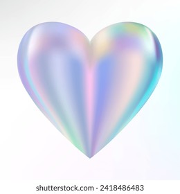 Holographic mother-of-pearl heart. Opal heart shape. Magic love talisman. 3d hologram element. Metallic rainbow icon. Iridescent, flowing gradient. Vector illustration EPS10.