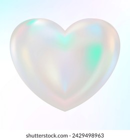 Holographic mother-of-pearl heart. Opal heart shape. Magic love talisman. 3d hologram element. Metallic rainbow icon. Iridescent, flowing gradient. Vector illustration EPS10.