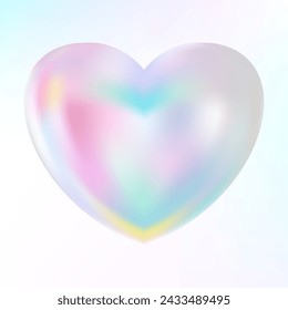 Holographic mother-of-pearl heart. Opal heart shape. Magic love talisman. 3d hologram element. Metallic rainbow icon. Iridescent, flowing gradient. Vector illustration EPS10.