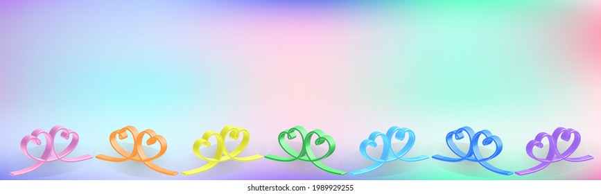 Holographic multicolor background with 3d rainbow hearts couple for Valentines day celebration or lgbt concept. Horizontal web banner. Vector illustration.