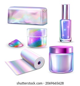 Vector Holográfico Multicolored Blank Packages Set. Bolsa Cosmética Holográfica Glittering Para El Transporte De Parques, Embalaje De Nail Polaco Y Crema. Plantilla de rollo de aceite Ilustraciones 3d realistas