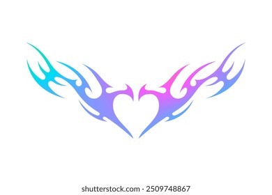 Holographic neo tribal winged heart in Y2K style. Abstract holo heart with wings and flame. Gothic tattoo style. Vector illustration.