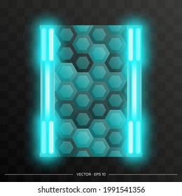Holographic neon door of the future. The technology of the future doorway. Realistic Vector.