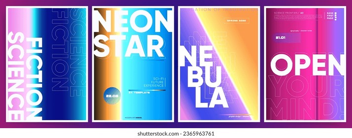 Posters Holográficos de Neon Gradient para la ciencia ficción y los conceptos empresariales. Plantillas tecnológicas futuristas para portadas musicales, libros y fondos abstractos. Hues amarillos, azules, morados - Visuales oscuras de Cyberpunk.