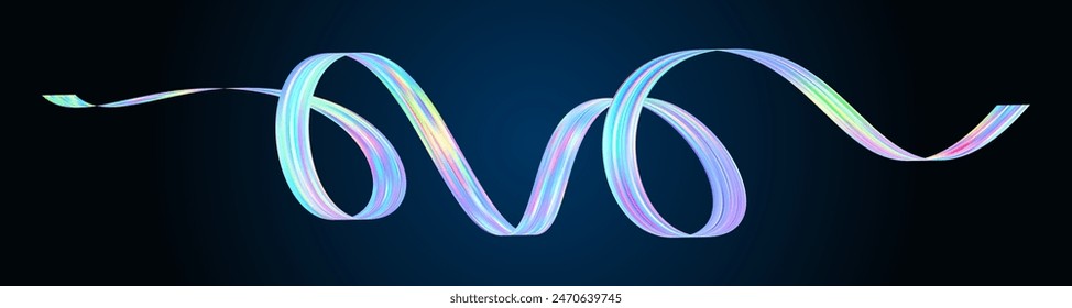 Holographic neon spiral futuristic ribbon. Abstract iridescent brush stroke flow. Realistic wavy swirl line with rainbow color effect, reflective surface, metallic texture. Vector illustration eps10