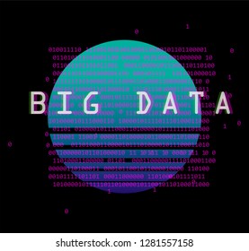 Holographic neon sun and defaced binary code. Abstract futuristic Cyberpunk/ Webpunk style illustration for Big Data subject.