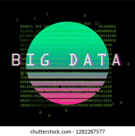 Holographic neon sun and defaced binary code. Abstract futuristic Cyberpunk/ Webpunk style illustration for Big Data subject.