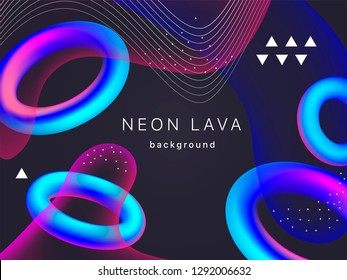 Holographic neon torus vector geometric background for banner or UI design.  Vivid gradient mesh blue rings on black. Fluid colorful abstract shapes in mask EPS 10