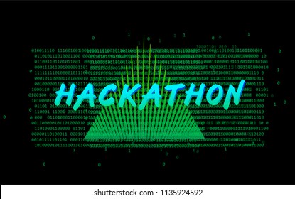 Holographic neon triangle and broken glitched binary code on dark background. Hackathon design template: poster, flyer, land-page illustration.