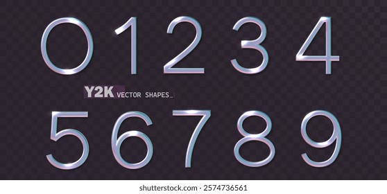 Holographic number. Realistic 3d numbers from zero to nine Y2k modern futuristic design aesthetics design vector set.