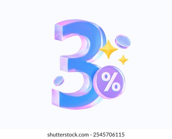 Holographic number three with a percent symbol with coins and stars. For business, investments, and interest deposits. Vector illustration.
