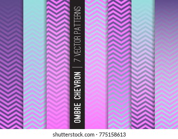 Holographic Ombre Chevron Vector Patterns. Gradient Fade Texture. Ultra Violet - 2018 Color of the Year. Zigzag Stripes Blending into Solid Color. Horizontally Seamless Pattern Tile Swatches Included.