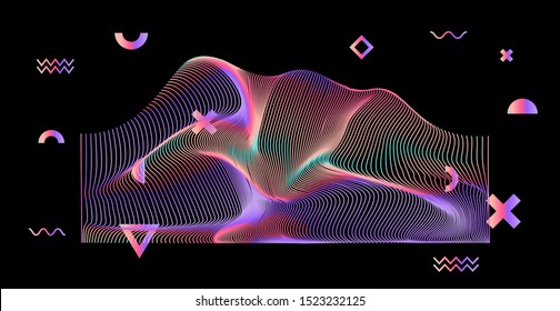 Holographic opalescent distorted and glitched mesh on dark background. Futuristic vaporwave/ synthwave style vector illustration for science, technology project.