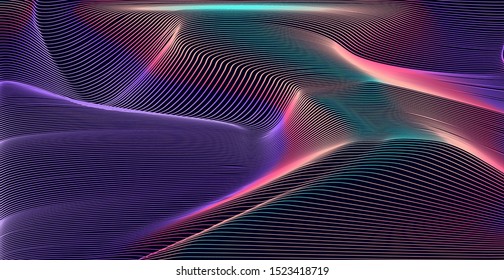 Holographic opalescent distorted and glitched mesh on dark background. Futuristic vaporwave/ synthwave style vector illustration for science, technology project.