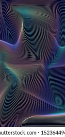 Holographic opalescent distorted and glitched mesh on dark background. Futuristic vaporwave/ synthwave style vector illustration for science, technology project.