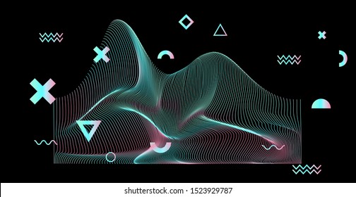 Holographic opalescent distorted and glitched mesh on dark background. Futuristic vaporwave/ synthwave style vector illustration for science, technology project.