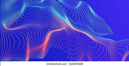 Holographic opalescent distorted and glitched mesh on blue background. Futuristic vector illustration for science or technology project.