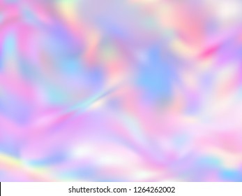 Holographic paper 80s background in neon colors. Fashion magazine cover background with neon metallic gradient hologram. Holographic vector design for invitation, cover, booklet.