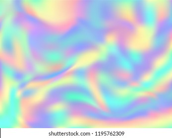 Holographic paper 90s background in neon colors. Fashion magazine cover background with neon metallic gradient hologram. Holographic vector design for poster, brochure, invitation, cover.