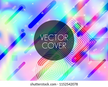 Holographic paper cover memphis background in neon colors. Pop art business cover background with neon gradient hologram, halftone and memphis confetti. Holographic vector card design.