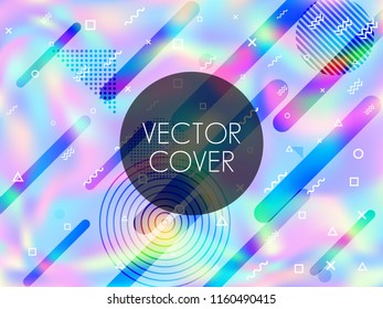 Holographic paper cover memphis background in neon colors. Elegant fashion cover background with neon gradient hologram, halftone and memphis confetti. Holographic vector design for banner.