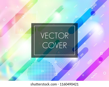 Holographic paper cover memphis background in neon colors. Glowing business cover background with neon gradient hologram, halftone and memphis confetti. Holographic vector design for brochure.