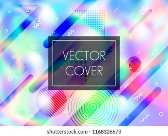 Holographic paper cover memphis background in neon colors. Trendy business cover background with neon gradient hologram, halftone and memphis confetti. Holographic vector design for voucher.