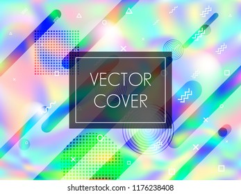 Holographic paper cover memphis background in neon colors. Bright business cover background with neon gradient hologram, halftone and memphis confetti. Holographic vector design for brochure.