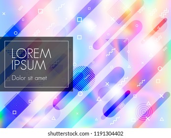 Holographic paper cover memphis background in neon colors. Glowing fashion cover background with neon gradient hologram, halftone and memphis confetti. Holographic vector gift card design.