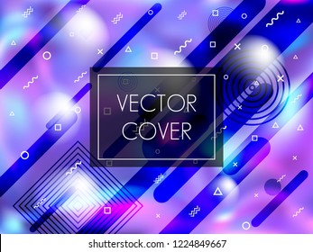 Holographic paper cover memphis background in neon colors. Hipster fashion cover background with neon gradient hologram, halftone and memphis confetti. Holographic vector gift card design.