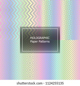 Holographic paper elegant foil vector pattern. Fashion magazine cover background with rainbow spectrum metallic gradient hologram. Luxurious silver holographic foil paper pattern design.