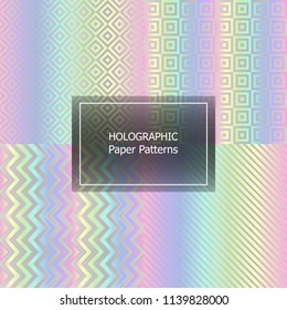 Holographic paper futuristic foil vector pattern. Fashion magazine cover background with rainbow spectrum metallic gradient hologram. Luxurious silver holographic foil paper pattern design.